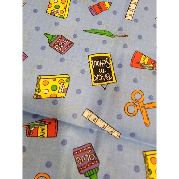 Back To School Elementary Blue Cotton Farbric 29inches Scissors Glue Paint New - Picture 2 of 5